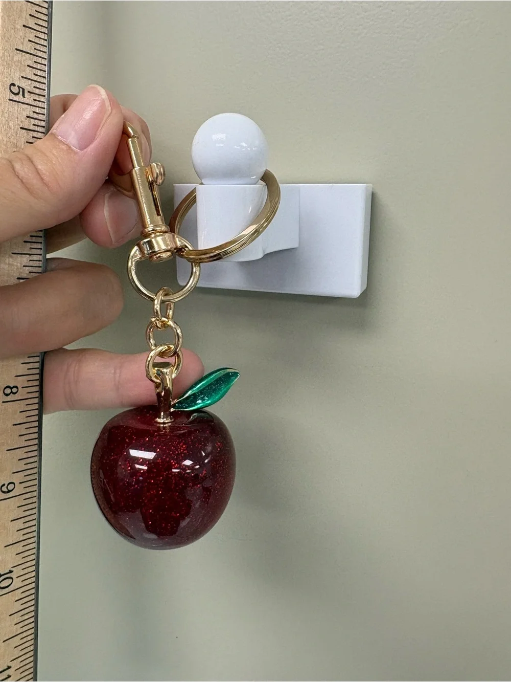 Sparkling Red Glitter Apple Green Leaf Bag Charm & Gold Keychain NWOT